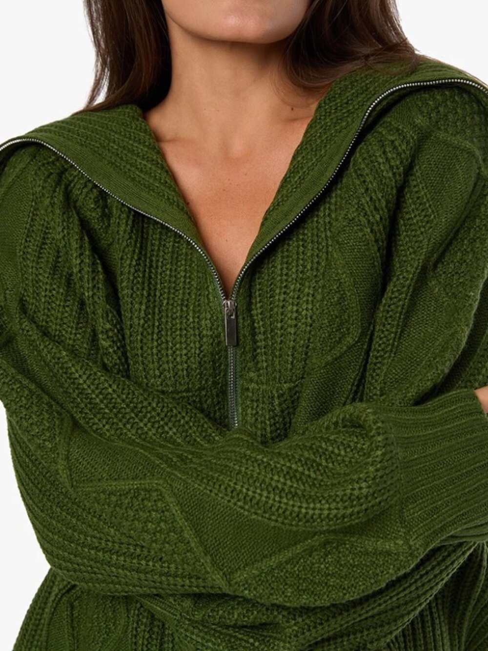 WeWoreWhat Chunky Cable Knit Zip Up Sweater (Dark Green)